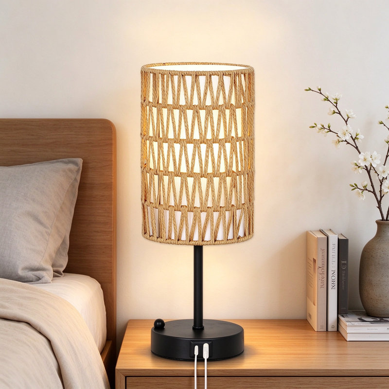 Lampe de table tactile style bohème, lampe de chevet à intensité variable (3 niveaux) avec abat-jour en rotin et lin, port de chargement USB A+C et support pour téléphone, ampoule incluse, petite lampe de chevet marron pour chambre ou salon