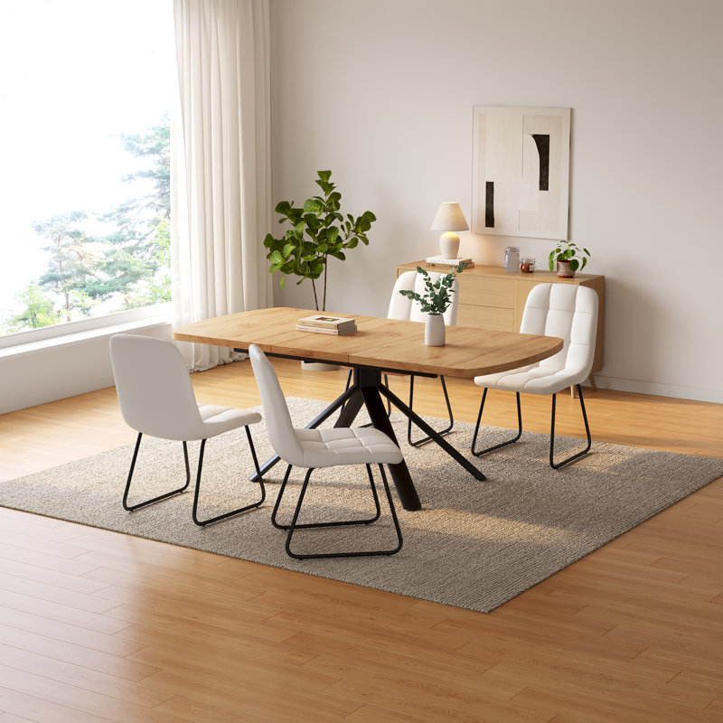 Costner 5 Piece Retangular Dining Set, Oak Finish Table And Upholstered Chairs, 5 Pieces: Table, 4 Chairs, White