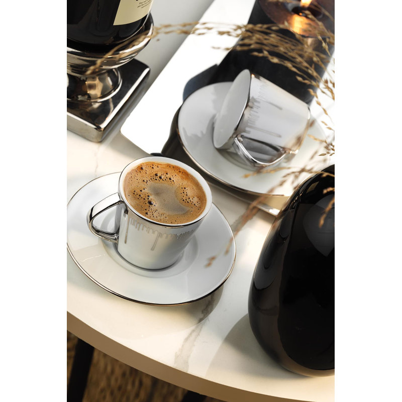 Elegant 4-Piece Coffee Cup Set, White & Silver, 2 Cups (2.4 x 2.4 x 2.0 inches, 3.0 fl oz) & 2 Saucers (4.7 x 4.7 x 0.8 inches) | 100% Porcelain | Perfect for Coffee Lovers, Stylish & Sophisticated Design