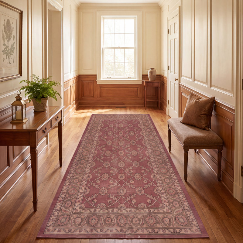 Tapis Winslow traditionnel à motif floral intégral bordeaux, cuivre, vert, crème et rose, lavable à la machine, antidérapant, à poils courts, pour l'intérieur et l'extérieur, adapté aux animaux domestiques, idéal pour le salon, la chambre, la salle à manger, l'entrée, le couloir ou le bureau.