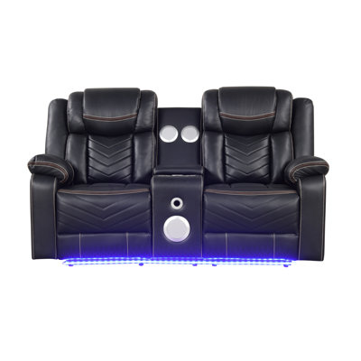 Causeuse inclinable électrique contemporaine avec console, rangement, porte-gobelet en acier inoxydable et haut-parleur Bluetooth noir 