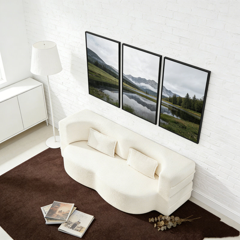 Modern Floor Sofa with 2 Pillows, Beige+White, Corduroy