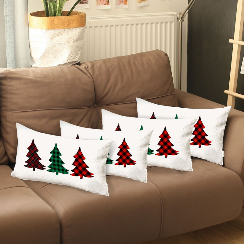 Red and White Polyester Christmas Tree Plaid Throw Pillow Covers, 12 x 20 in, Set of 4