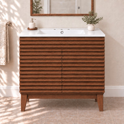 Ensemble de meuble-lavabo simple 36 po Mid-Century avec lavabo, portes à fermeture douce