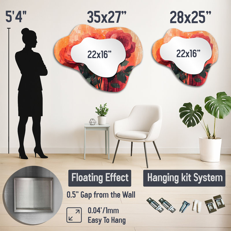 Flowers Rose Sunset Hues Bouquet - Roses Asymmetrical Wall Mirror, Modern Vanity Mirror, Printed on Metal, 25" x 28"