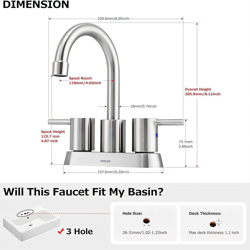 Robinet de lavabo Mosson contemporain en nickel brossé à deux poignées, fixation à 2 trous et bonde escamotable.