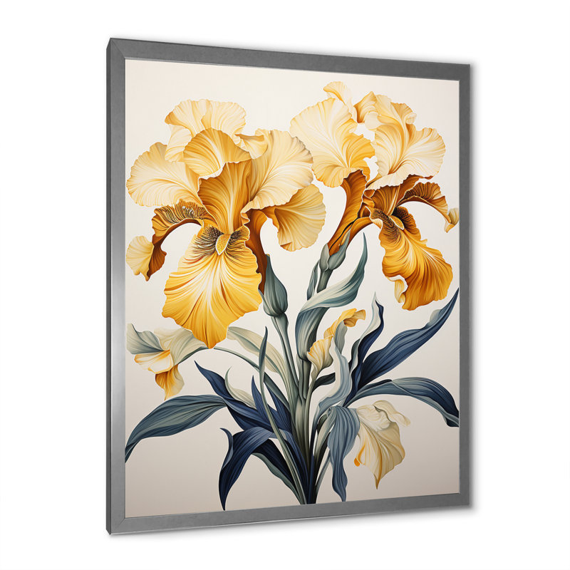 Illustration rétro d'iris dorés sur toile, Cadre simple argenté, H 40 po x l 30 po x P 1,5 po