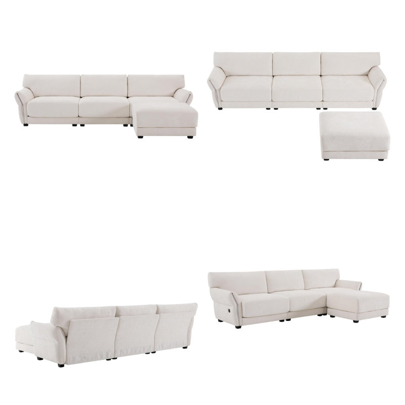 110" Smart Modular Sectional – Tech-Ready LoungeL-Shaped 4-Seater with Triple Charging & Petal Armrests, White Chenille
