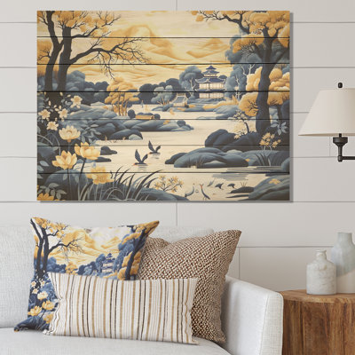Paysage de Chine bleu et jaune I - Chine sur bois