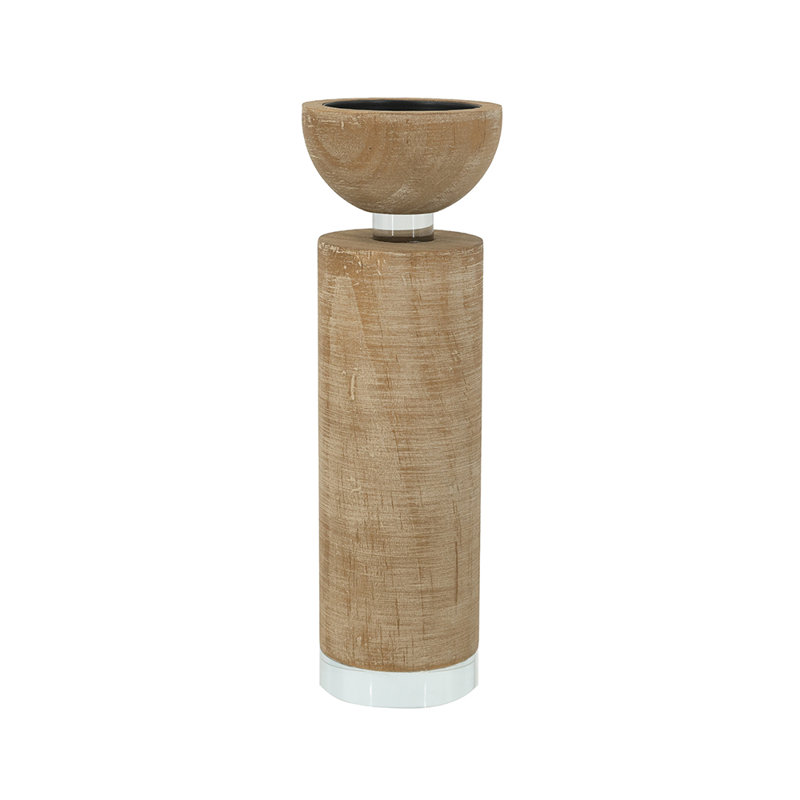 Brown Wooden Candle Holder With Glass Base, 11" H x 3" W x 3" D