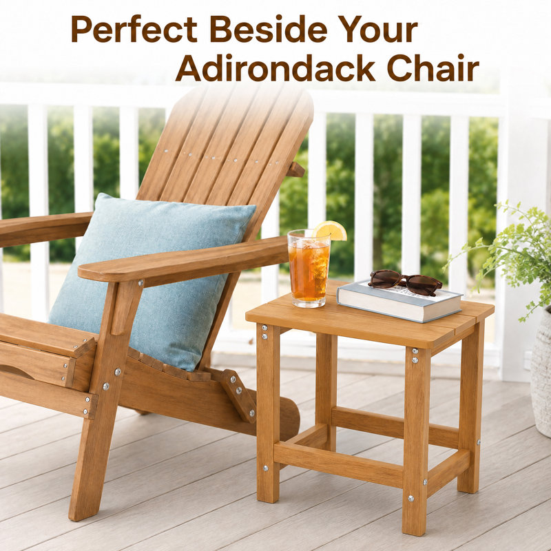 16.1" W x 12.2" D x 16.7" H HIPS Outdoor Side Table , Durable Weather Resistant Patio Side Table for Adirondack Chairs, 200Lbs Load Bearing Square Small Outdoor Table for Backyard, Pool, Patio, Porch, Garden, Lawn, Relaxing Companion, Teak