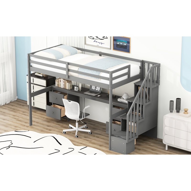 Twin Size Loft Bed In Grey With Desk And Double Storage Options For Captivation