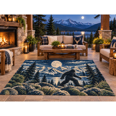 Tapis d'extérieur 152 x 213 cm Bigfoot Moonlight Mountain Lake, épais, imperméable, en PVC bouclé, résistant, séchage rapide, idéal pour terrasse, balcon, VR et autres espaces extérieurs.