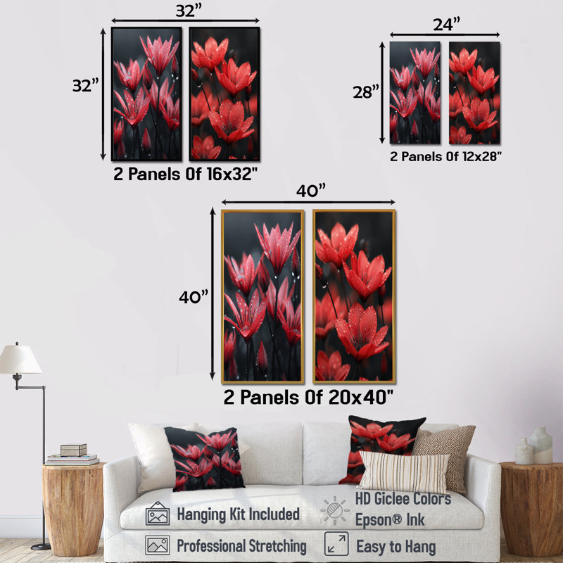 Monochromes rouges, noirs, pissenlits, gouttes de pluie, H 40 po x l 40 po, Impression encadrée, Brun