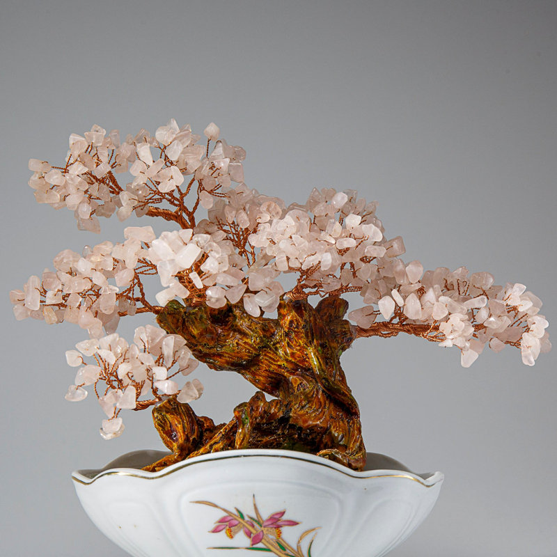 Genuine Rose Quartz Gemstone Bonsai Tree in Oval Ceramic Pot (8")