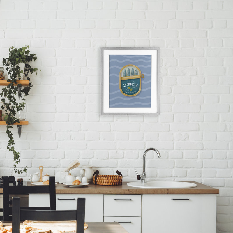 "Anchois en conserve sur vagues", reproduction sous verre encadrée, design par Sandra Picco, Cadre de ferme gris