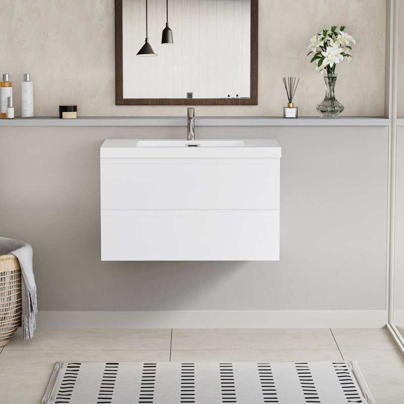 Meuble-lavabo flottant 36 po avec lavabo, meuble-lavabo mural moderne 36 po avec lavabo en résine et tiroirs à fermeture en douceur, meuble-lavabo