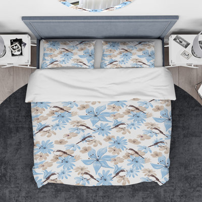 Ensemble de housse de couette Designart, dessin de fleurs avec petit oiseau