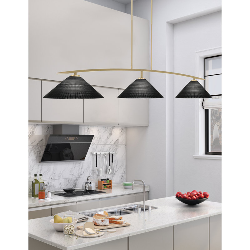 Lampe avec verre matriciel 3 lumières kurve, Laiton New Age, Noir, H 10 po x l 55,75 po x P 16 po