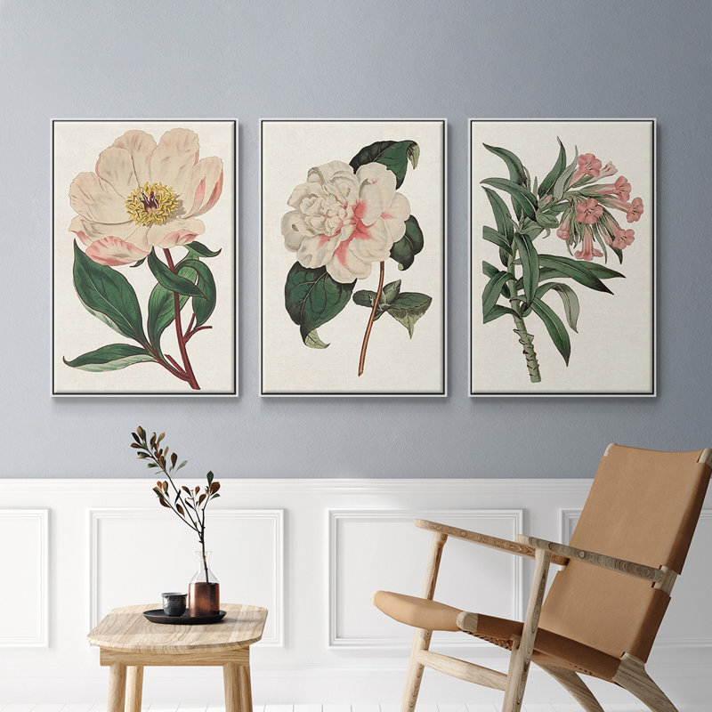 «Pink Floral Mix VI», ensemble de 3 cadres flottants sur toile, Blanc, H 27 po x l 54 po