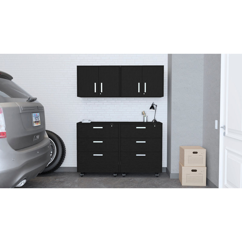 Garage moderne noir, 2 pièces avec rangement spacieux et rangement pour mobilité, pièces 3 tiroirs, fixation murale