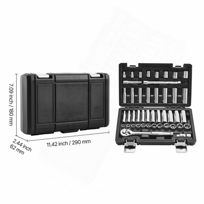 Socket Set, 44 Pieces, 3/8 inch Drive Socket and Ratchet Set, SAE and Metric, Deep and Shallow, Mechanic Tool Kit with Accessories and Storage Case, CR-V Alloy Steel, for Automotive Repair