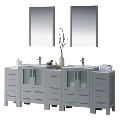 Mance 84.88 " W Freestanding Standard Free Standing Single Double Vanity Bathroom Vanity With Ceramic Top with Mirror