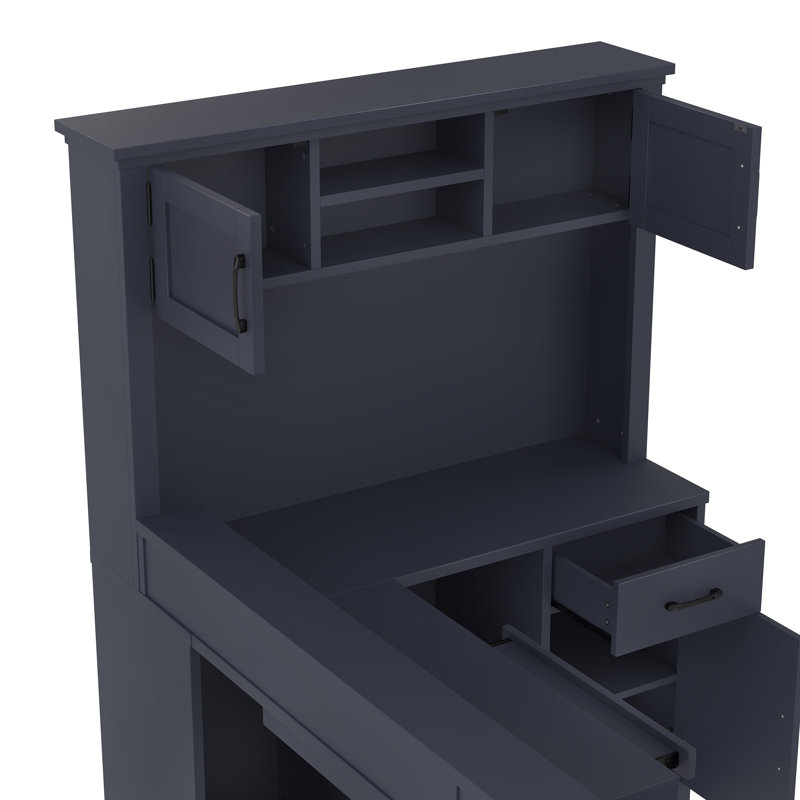 Bureau d'ordinateur en L bleu avec prises, tiroirs et bibliothèque - configuration de coin idéale, Bleu
