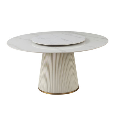 Table de salle à manger moderne de 59 po en pierre frittée avec table tournante ronde de 31,5 po pour 8 personnes avec piédestal en bois et en métal