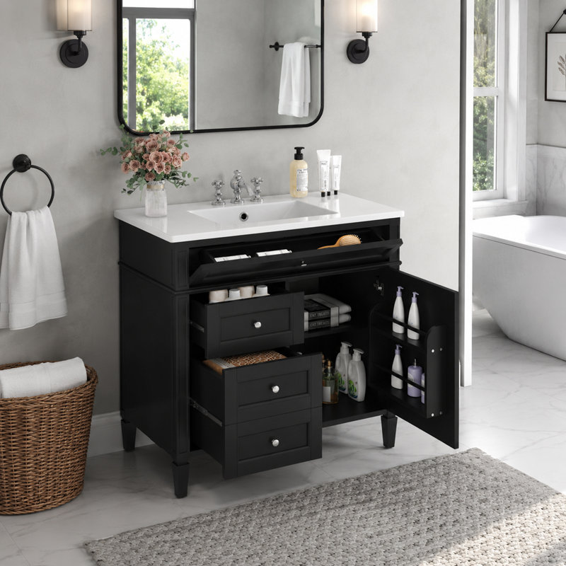 Meuble-lavabo simple 36 po avec lavabo 36 po, 2 tiroirs, tiroir escamotable et rangement pour porte, Noir, sliver