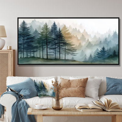 «Morning Fog Pine Tree Mountain Trail», reproduction d'art sur toile encadrée en pin
