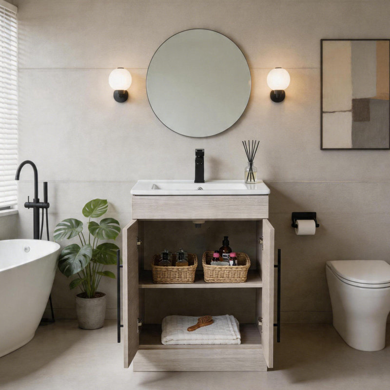 Meuble-lavabo simple autoportant de 24 po avec lavabo en céramique, avec rangement et portes à fermeture en douceur pour petits espaces