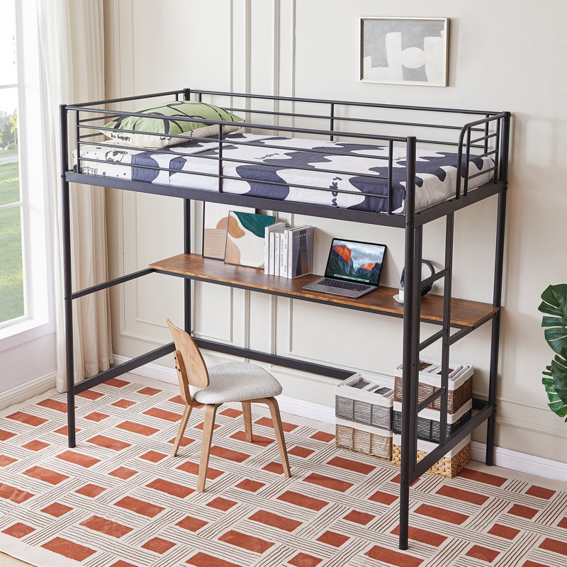 Single Size Loft Bed With Desk, High Sleeper Bedframe With Removable Ladder And Safety Guardrail, Sturdy Metal Slats Support