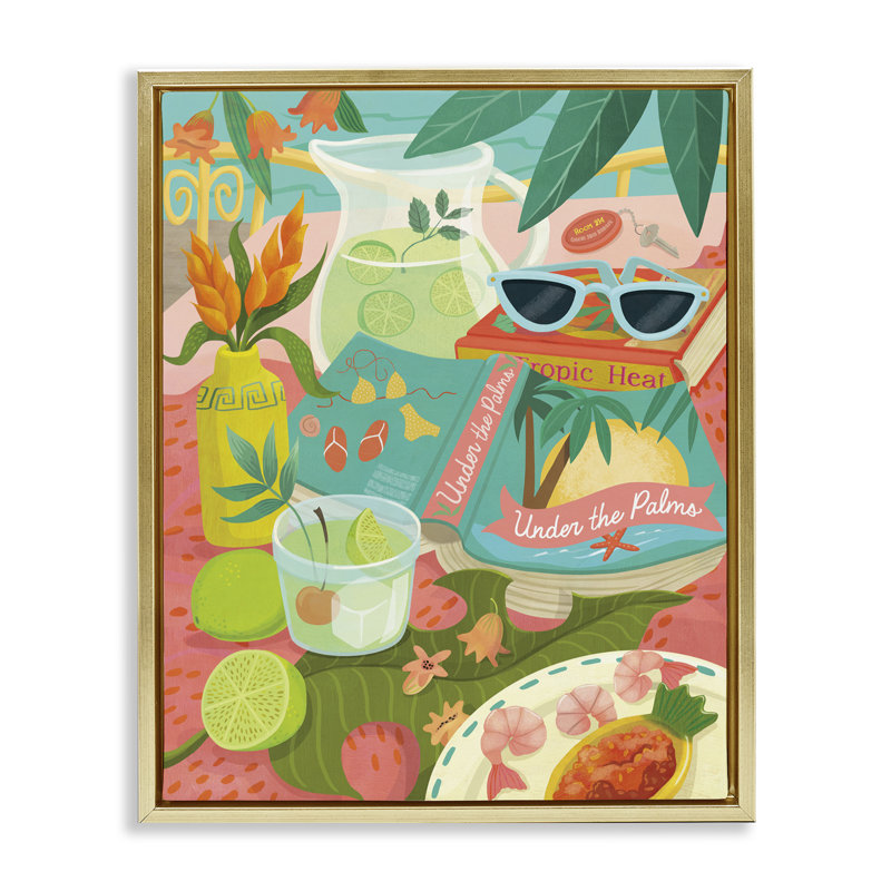 "Tropical Drinks on Beach", art mural encadré par Laura Watson, H 21 po x l 17 po, Cadre flottant métallique doré