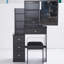 Meuble-lavabo gauche noir avec tabouret rembourré et très grand miroir coulissant, rangement multi-couches pour espaces restreints