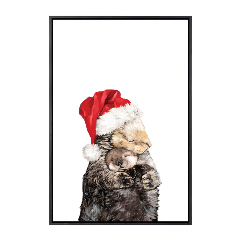 «Christmas Otter Mother and Child» par Big Nose Work - impression d'art graphique, Aucun mat, Toile avec cadre noir patiné