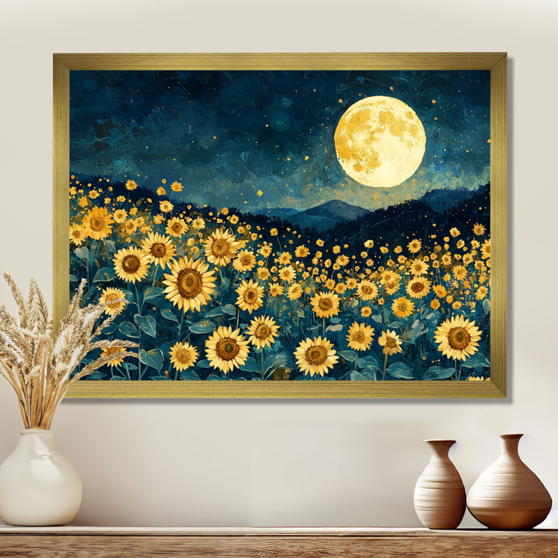 «Midnight Sunflowers» par Vincent II - art mural tournesols, H 34 po x l 44 po, Reproduction encadrée d'une seule photo, Doré
