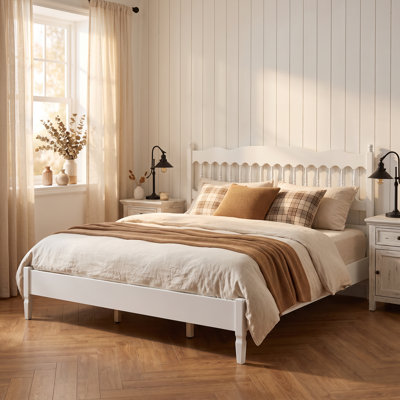 Rural Farm King Size Wooden Platform Bed with Handcrafted Spindle Headboard, Premium Heavy-Duty Bed Frame with Reliable Slat Base Support, Box Spring Not Needed, Effortless Step-by-Step Assembly, Clean White Paint Finish