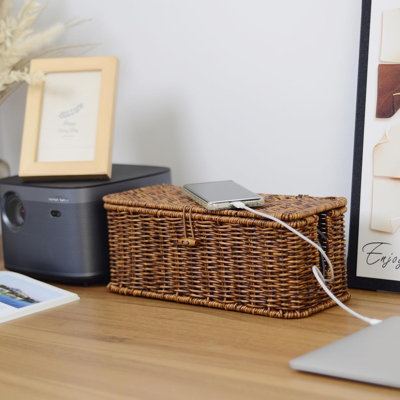 Rattan Wire Storage Box, Handmade Cord Organizer For Desk Cord Hider Outlet Covers Baby Proofing For Power Strip TV PC Router Charger Under Desk Cable Management Box