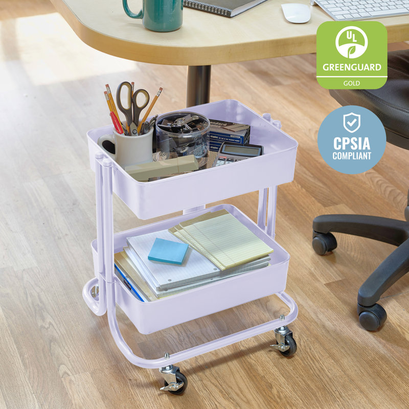 White Metal 2-Tier Rolling Utility Cart with Mesh Baskets