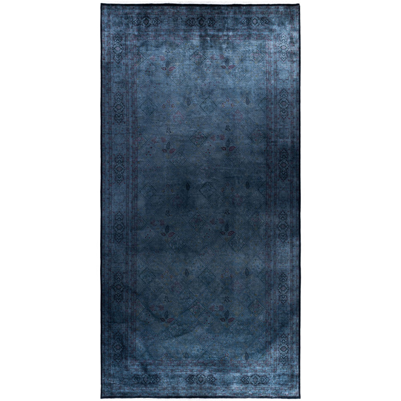 Tapis unique noué à la main Rachal - bleu, 9 pi 1 po x 17 pi 9 po