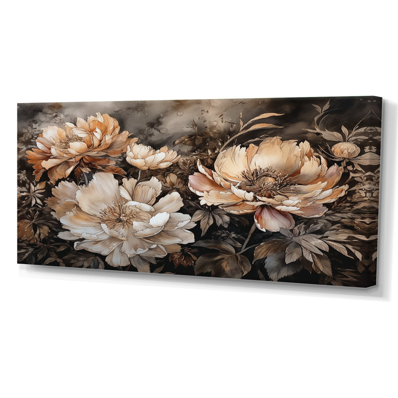 Reproduction sur toile encadrée de pivoines crème et brunes - pivoines, H 28 po x l 60 po x P 1,5 po, Toile tendue