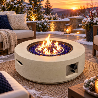 29.72" Round Outdoor Propane Fire Pit Table with Lid, Rain Cover & Fire Glass, Beige or Light Gray