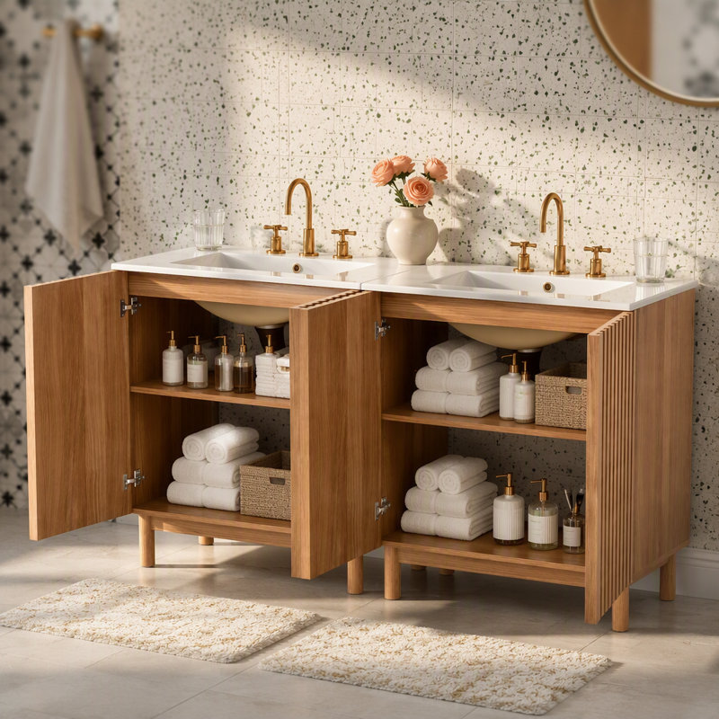 Ensemble de meuble-lavabo 59,8 po avec lavabo en céramique, style américain traditionnel, pieds en bois, structure en panneau de fibres à densité moyenne, portes à fermeture en douceur avec tablette réglable en forme de U, patins en plastique