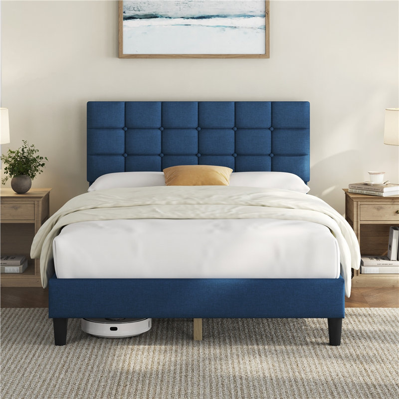 Lit plateforme tapissier Contemporary, Double, Bleu marine