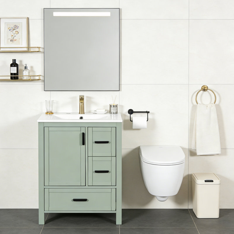 Bathroom Vanity with Ceramic Sink, Double-Layer Door Shelf and 3 Drawers, Black/Silver