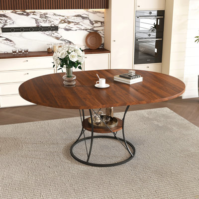 43 inch Round Dining Table for 4-6, Expandable Farmhouse Kitchen Table with Storage Shelf & Metal Base, Brown & Black Extendable Wood Table from 43 to