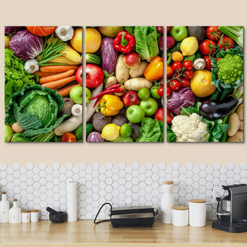 Assortiment de décoration murale moderne de fruits et légumes frais, Toile tendue, H 24 po x l 48 po