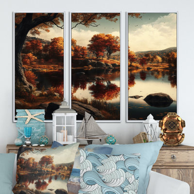 «Lake Reflecting of Beautiful Autumn Mountains VI - Landscape Cottage», ensemble d'art mural sur toile