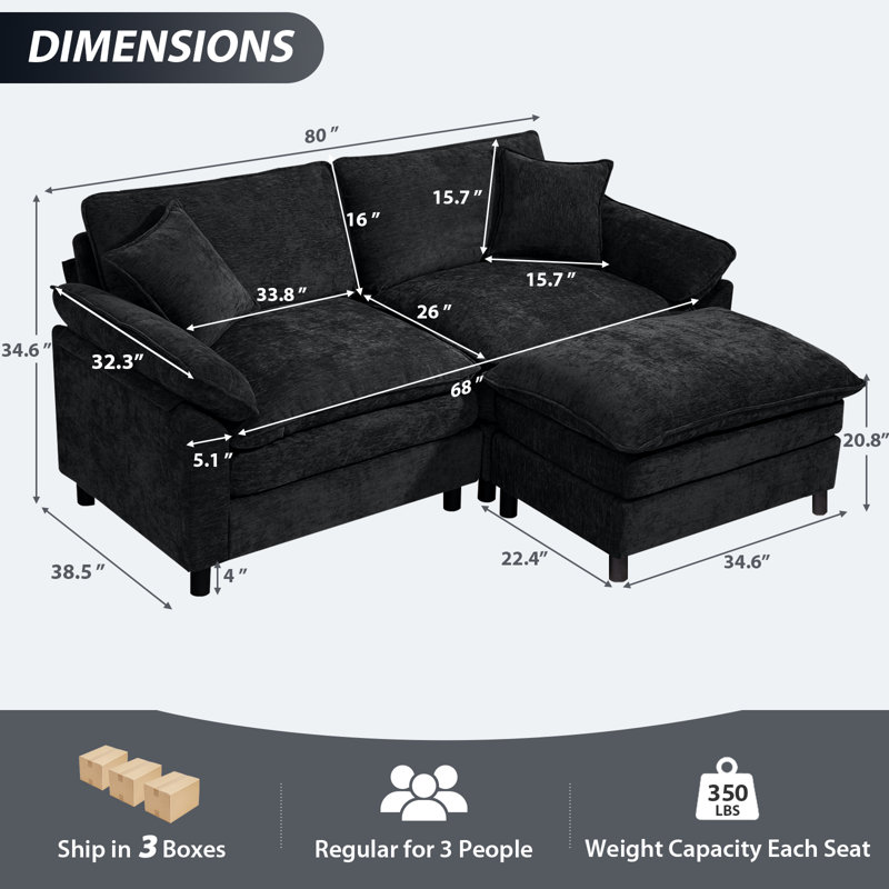 Canapé modulaire rembourré en L avec repose-pieds, H 34,6 po x l 80 po x P 57,8 po, Chenille noir